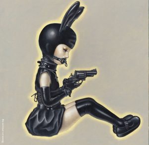 Trevor Brown, Japan, illustration, child, bunny ears, black leather, gun, fetish, art scum