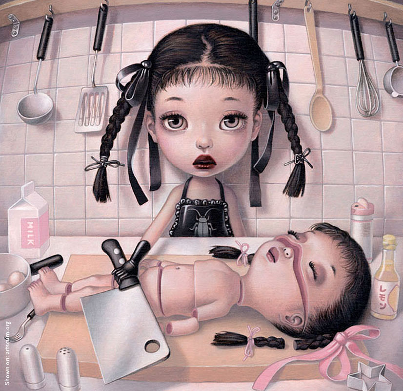 Trevor Brown, Japan, illustration, childs, pigtails, chopper, butchery, kitchen, dark art magazine