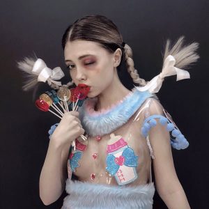 Trevor Brown, cosplay of his art, young girl with sweets, dark art